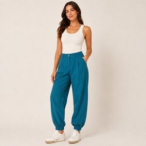 Halara High Waist Pleated Cotton Jogger Pants Teal Blue Elastic Cuff NWT L